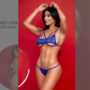 Conjunto de Lencería CS16 Azul con Encaje y Tiras